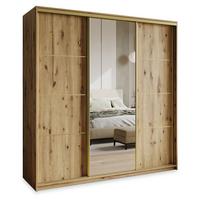 SCHWEBETÜRENSCHRANK VARO 180/205/60 cm 3-türig mit Spiegel und Schubladen Eiche Artisan - Goldfarben/Eiche Artisan, Holzwerkstoff (180/205/60cm) - MASSENO