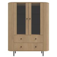 VITRINE Halay Eiche Cremona, 2 Türen & 2 Schubladen Moderne Rillenstruktur, mit runden Kanten - Eichefarben/Schwarz, Holzwerkstoff/Metall (123/155/42.3cm) - AX Living