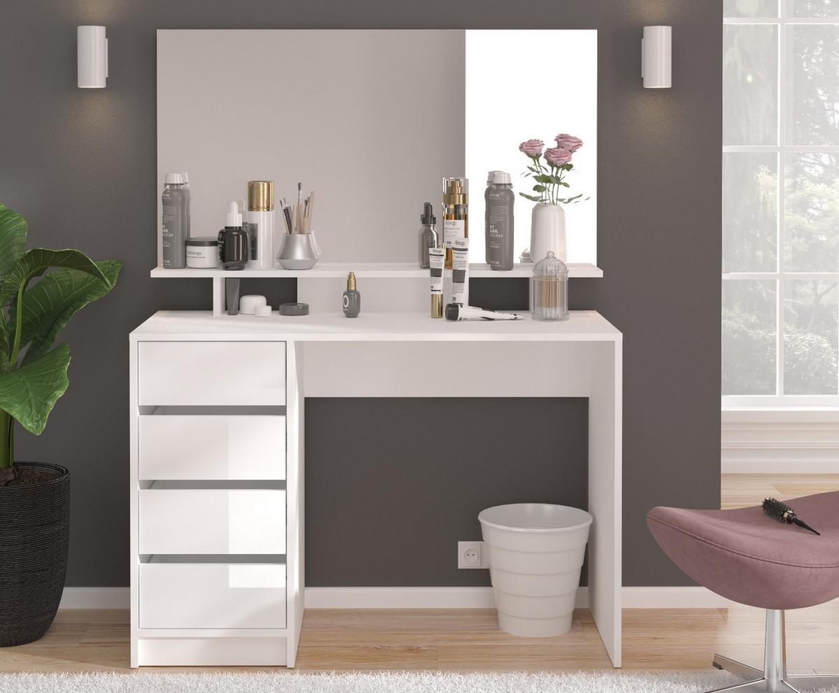 SCHMINKTISCH weiß Hochglanz 110 cm, Kosmetiktisch mit Schubladen und Spiegel - Weiß, Holzwerkstoff (110/145/48cm) - Inn.Furn