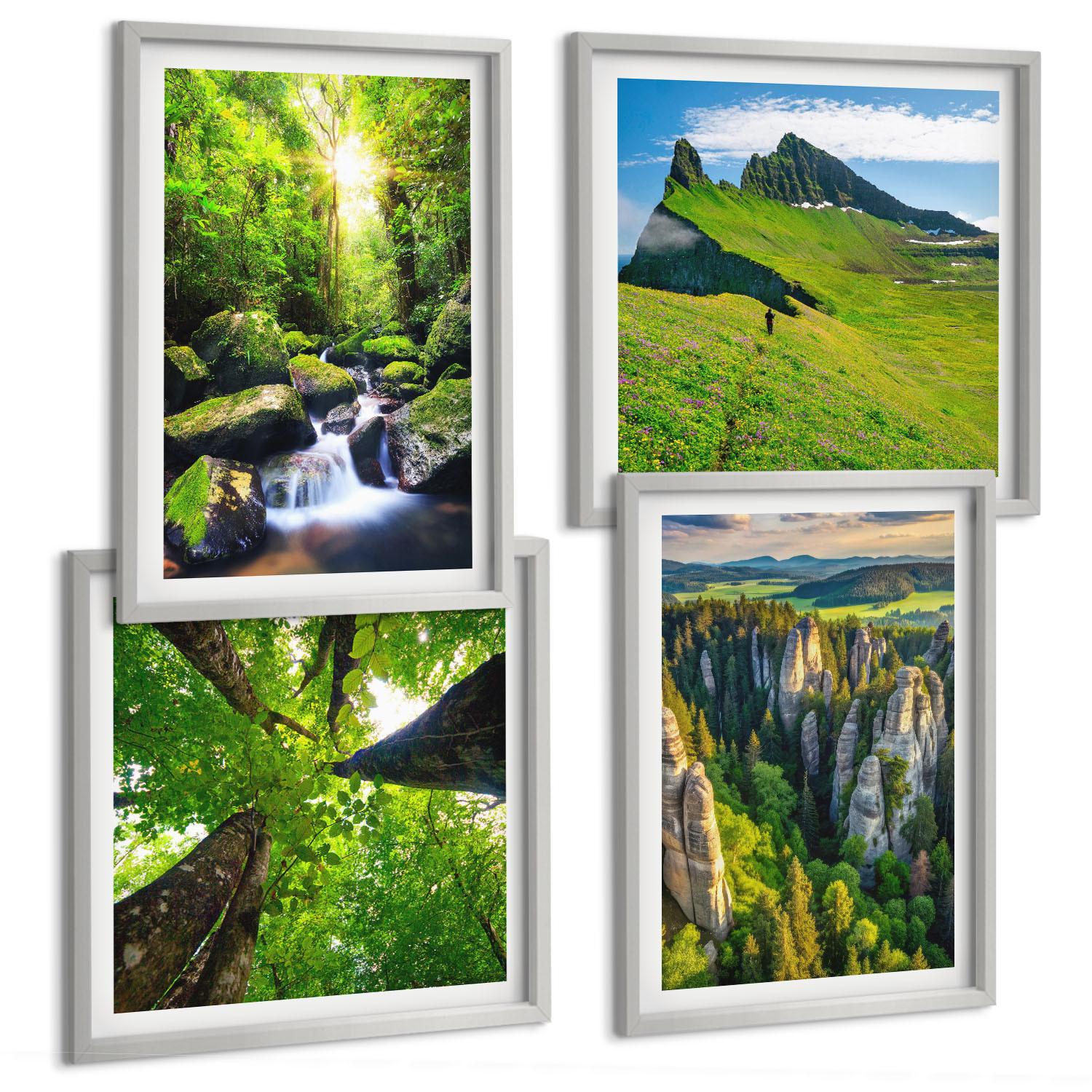 BILDER SET 4er Set - 50x50 cm & 40x60 cm Silberner Rahmen - Grüne Berge Wasserfallwald - Silberfarben, Kunststoff (50/50cm) - TULUP