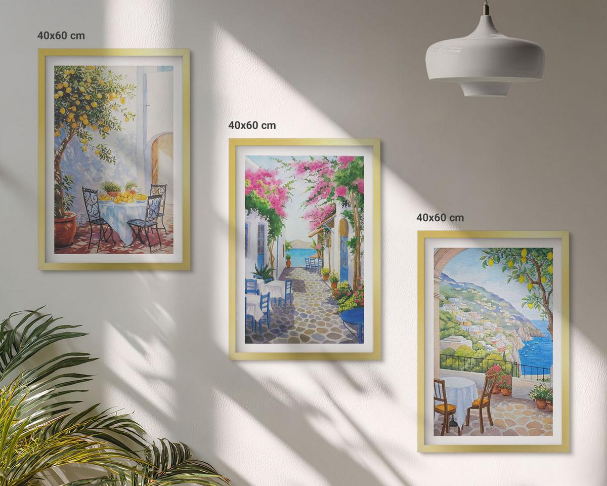BILDER SET 3er Set - 40x60 cm Goldrahmen - Charmante Straßen, Pflanzen, Meer - Goldfarben, Kunststoff (40/60cm) - TULUP