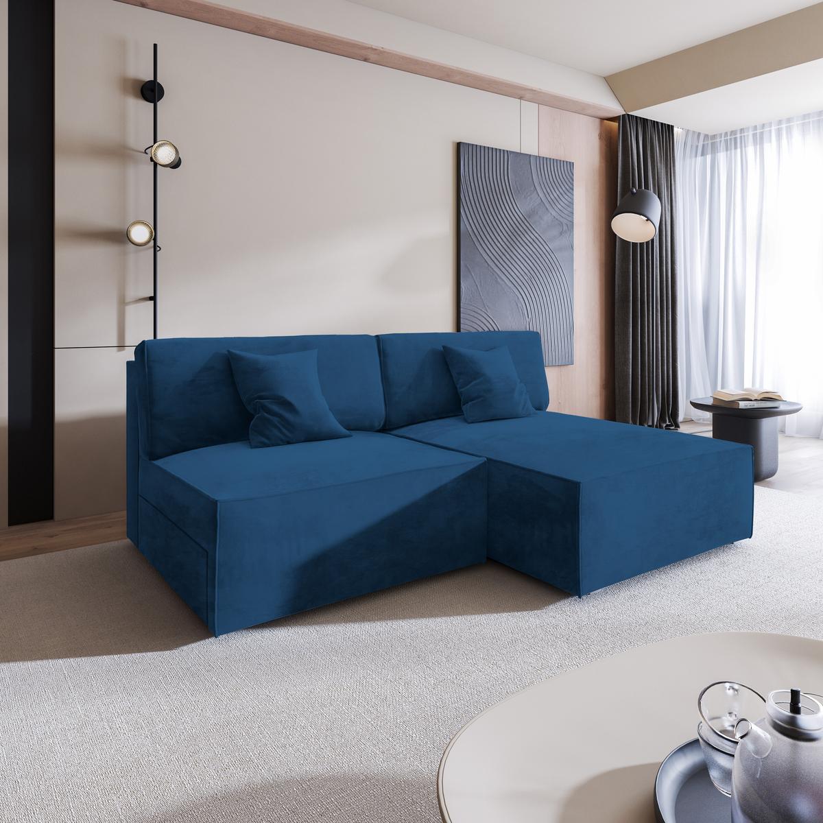 ECKSOFA FIORO M Blau Velours-Stoff mit Schlaffunktion - Blau/Grau, Holz/Kunststoff (204/148cm) - MASSENO
