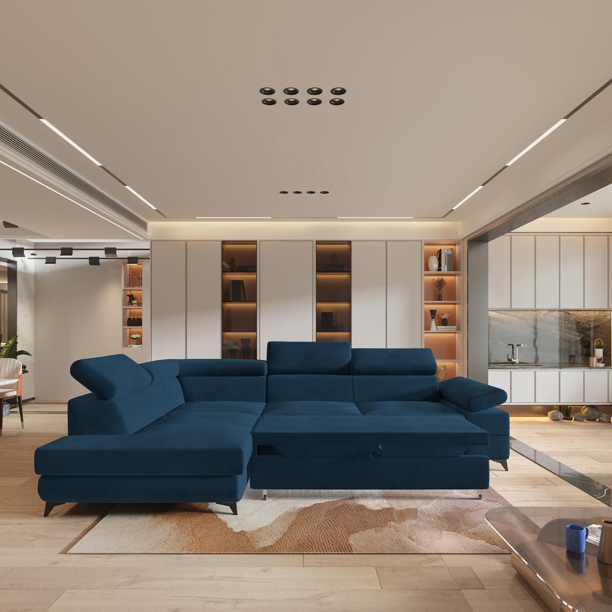 ECKSOFA FAVIEN L-S Blau Velours-Stoff mit Schlaffunktion - Blau, Holz (257/190cm) - MASSENO