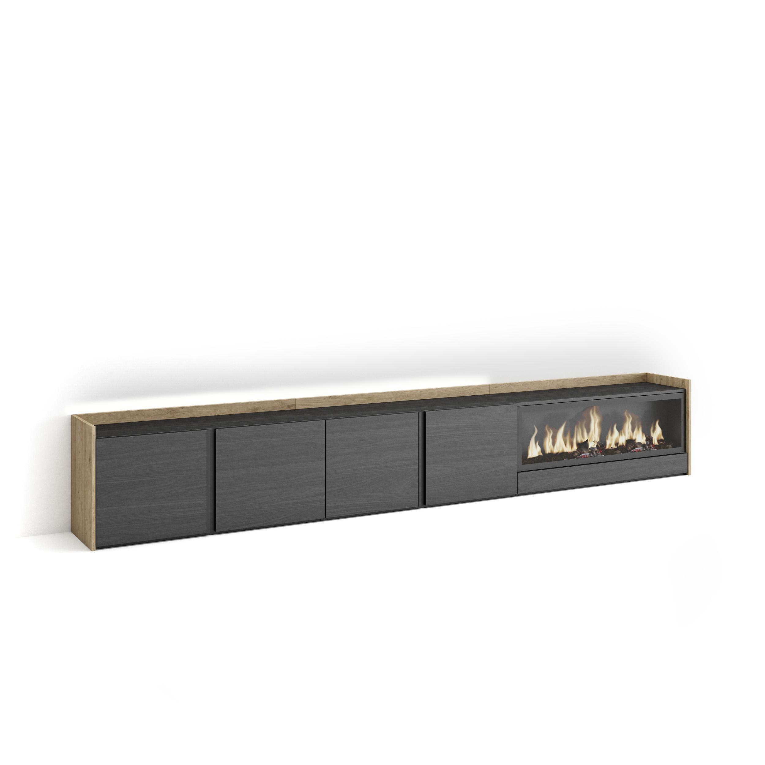 LOWBOARD, Schwarz und Eiche, 315/35/50cm, Kamin mit Feuereffekt XXL - Schwarz, Holzwerkstoff (315/50/35cm) - Skraut Home
