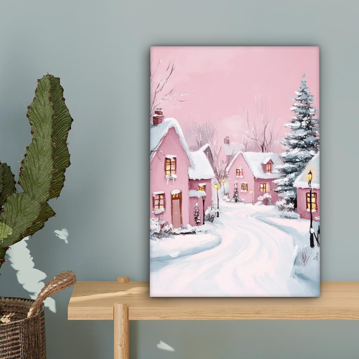 LEINWANDBILD Weihnachtsdorf - Rosa - Winter - Schnee - Häuser Deko Wohnzimmer 20x30 cm - Altrosa, Textil (20/30cm) - MuchoWow