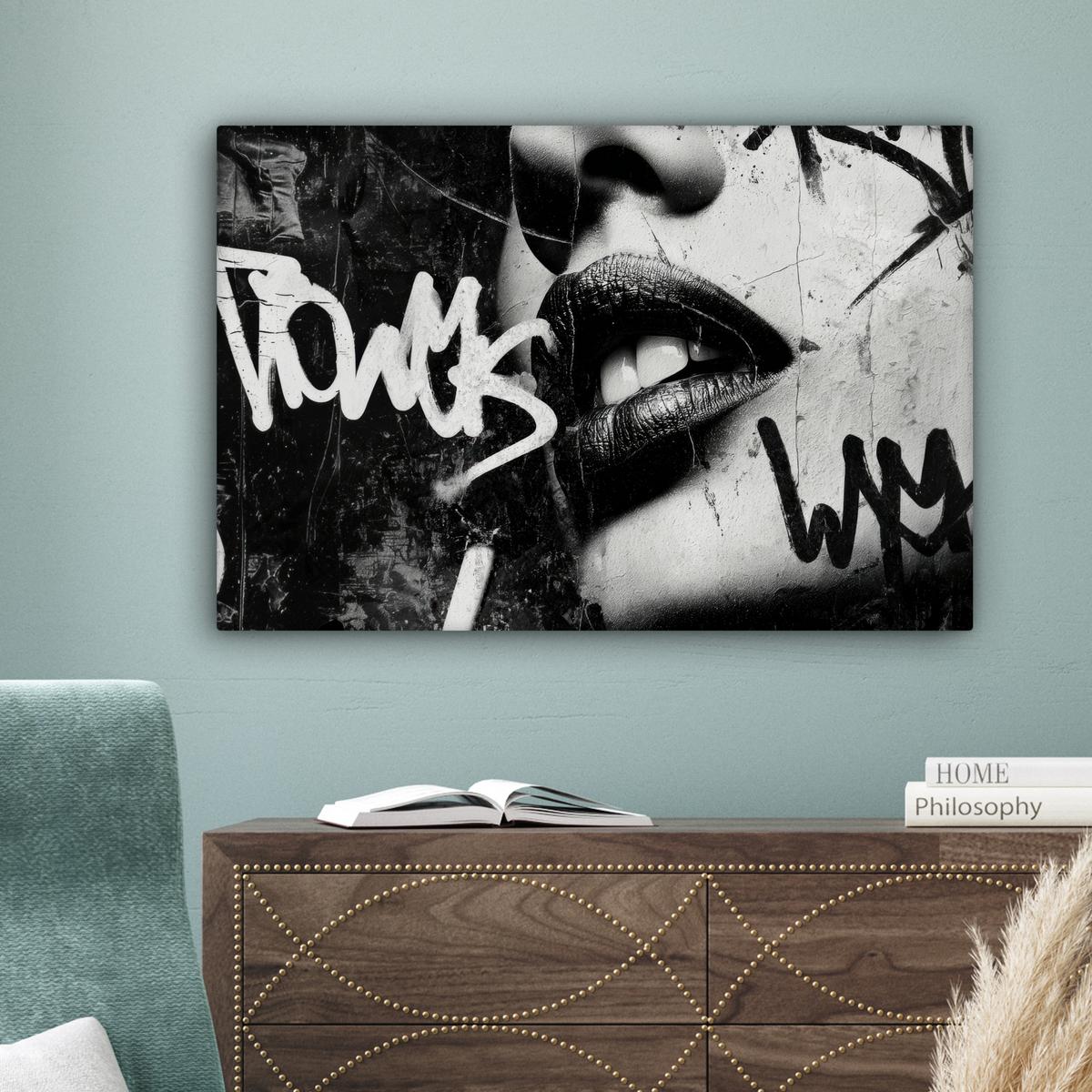 LEINWANDBILD Gesicht - Mund - Graffiti - Schwarz Wanddeko 90x60 cm - Schwarz, Textil (90/60cm) - MuchoWow