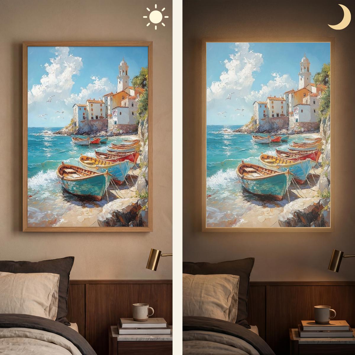 WANDLEUCHTE MIT AKKU Boote - Felsen - Meer - Sonne 70x100 cm - Blau, Holzwerkstoff (70/100/8cm) - OnlyWow
