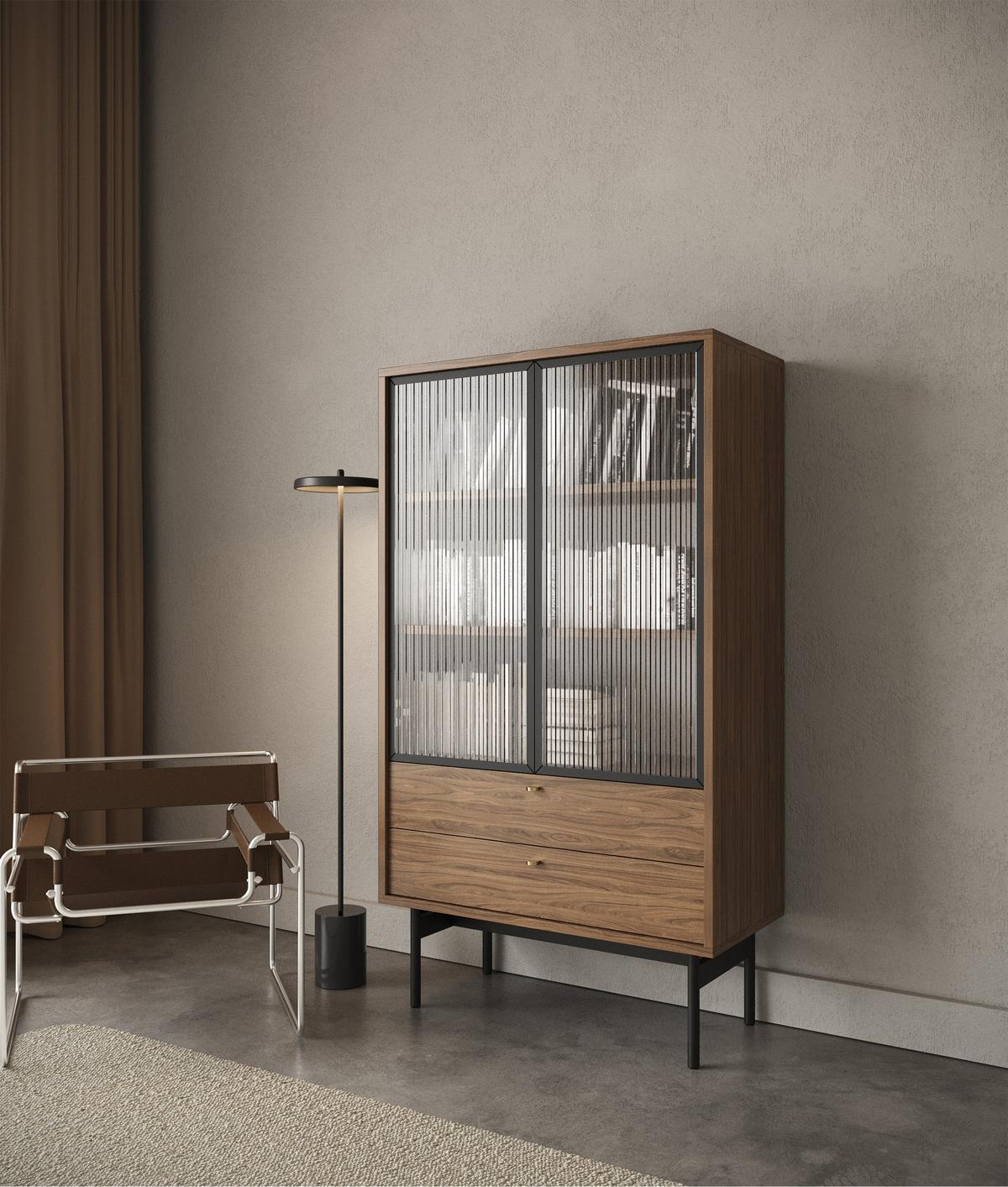 VITRINE Olar II Holzoptik Carini Nussbaum 85 cm - Goldfarben/Schwarz, Holzwerkstoff/Metall (85/150/41cm) - Selsey
