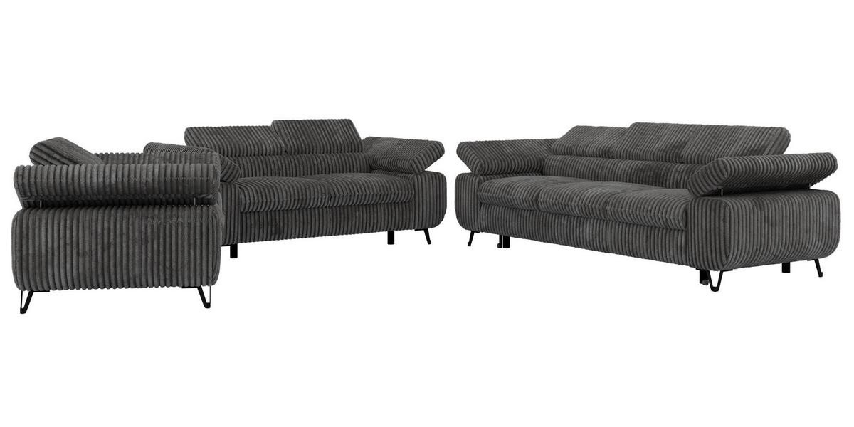 SITZGARNITUR PETER 1+2+3 mit Schlaffunktion - Grau Cord - Schwarz/Grau, Textil/Metall (262/76/99cm) - MKS