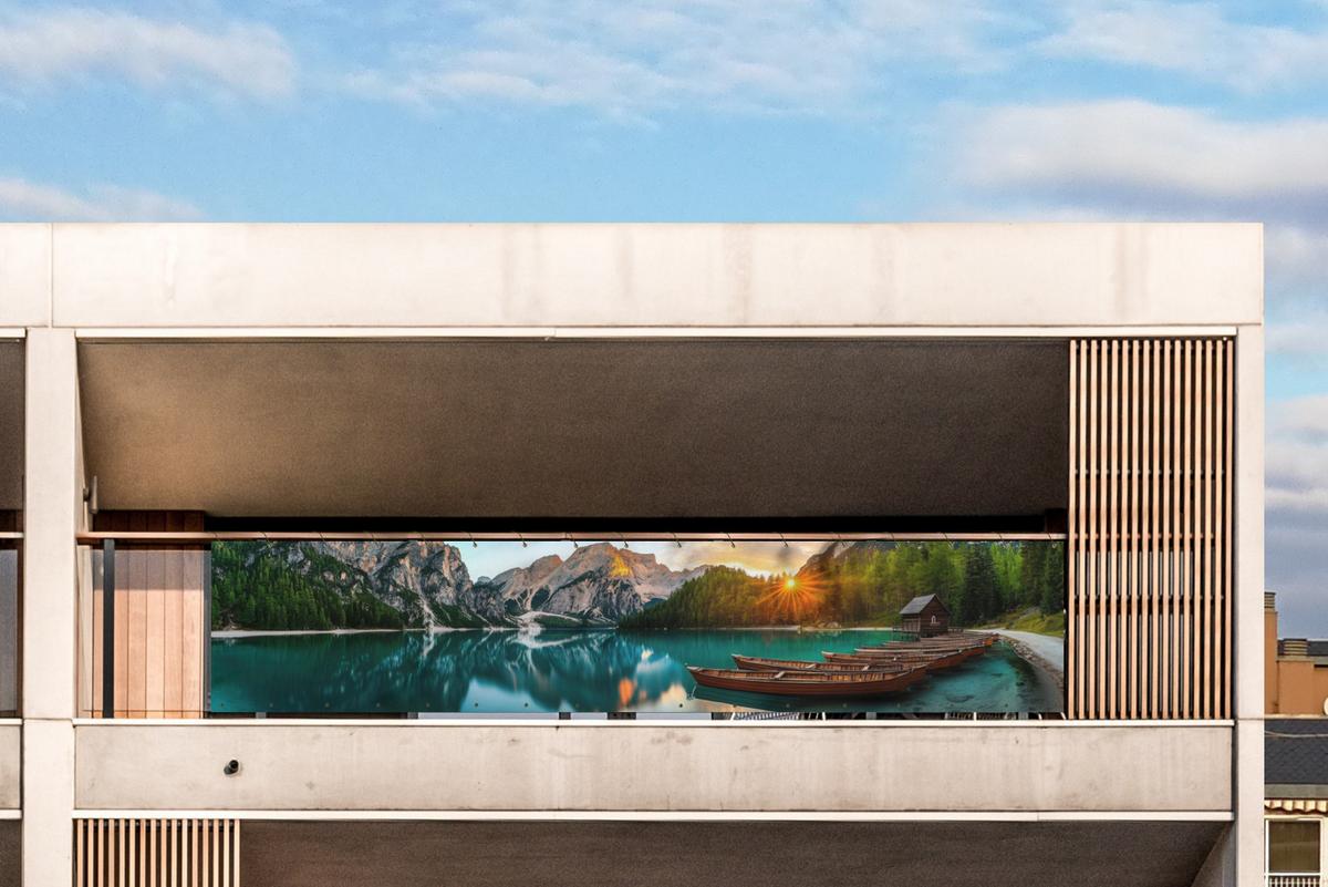 BALKON-SICHTSCHUTZ See - Berge - Sonnenuntergang - Boot Deko XXL 500x110 cm - Petrol, Kunststoff (500/110cm) - MuchoWow