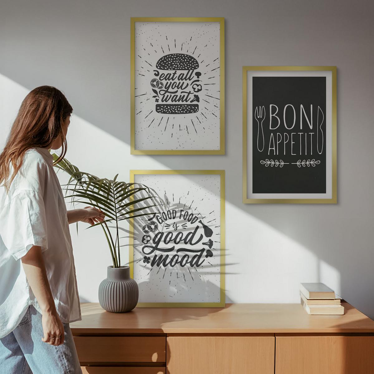BILDER SET 3er Set - 40x60 cm Goldrahmen - Grafiken, Lebensmittel, kulinarische Slogans - Goldfarben, Kunststoff (40/60cm) - TULUP