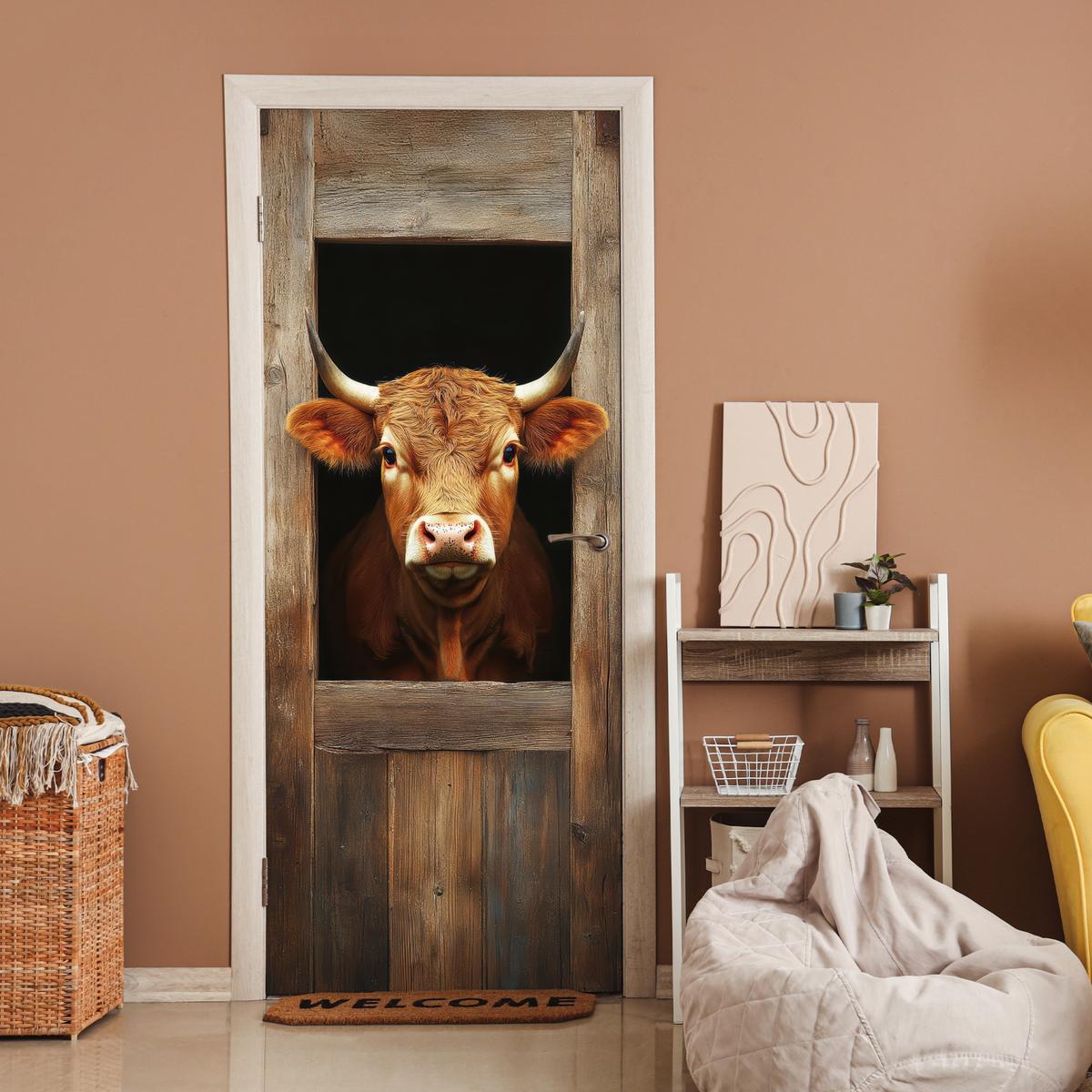 TÜRAUFKLEBER Kuh - Fenster - Holz - Tiere Room Decor 85x205 cm - Türtapete - Wengefarben, Kunststoff (85/0.1cm) - MuchoWow