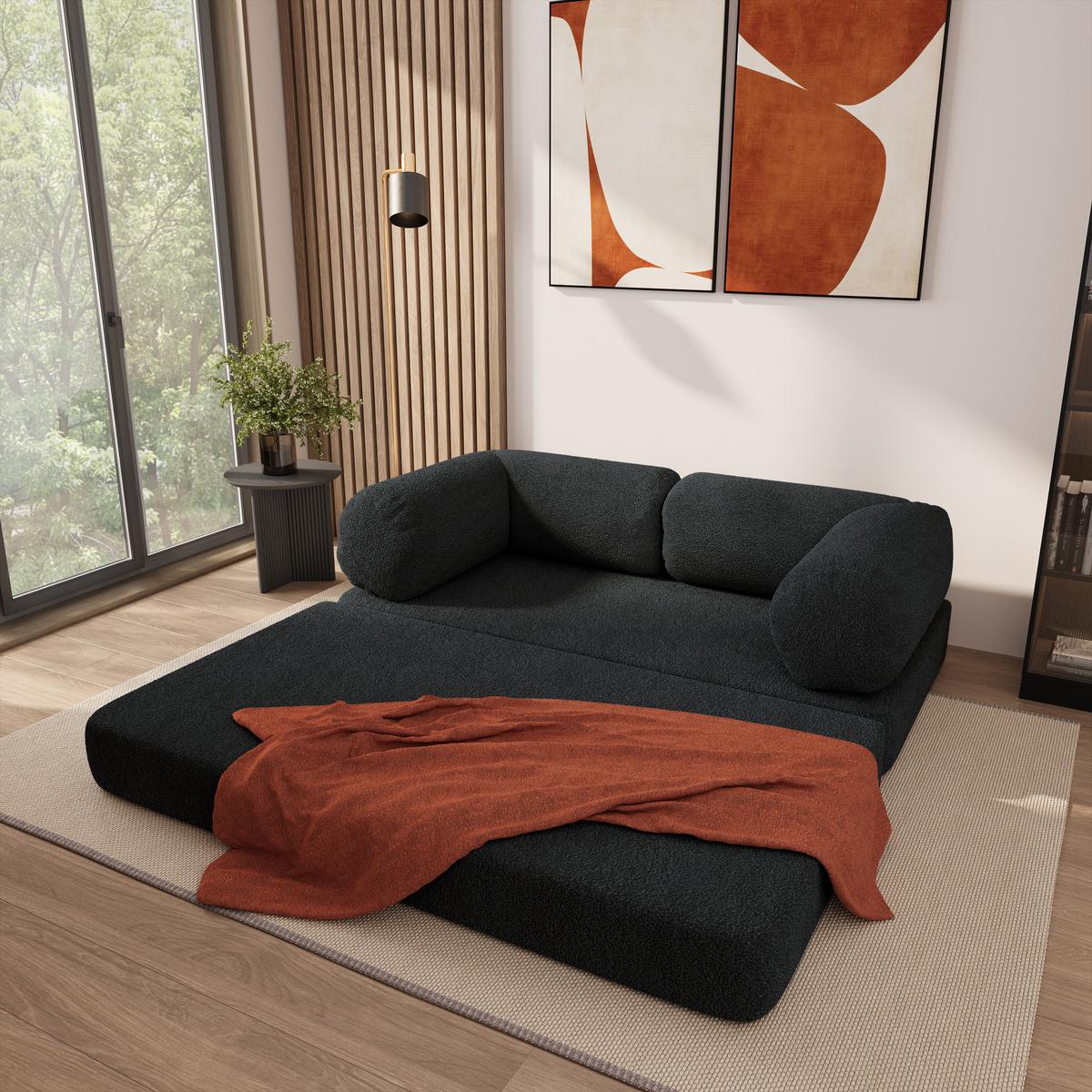 BETTSOFA EIREN aus Schaumstoff Bucle-Stoff Schwarz Schlaffunktion - Schwarz, Textil (170/68/80cm) - MASSENO