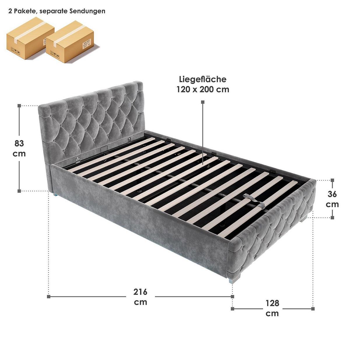POLSTERBETT Nizza Dunkelgrau 120x200 cm mit Bettkasten und LED - Dunkelgrau, Holzwerkstoff (120/200cm) - Juskys