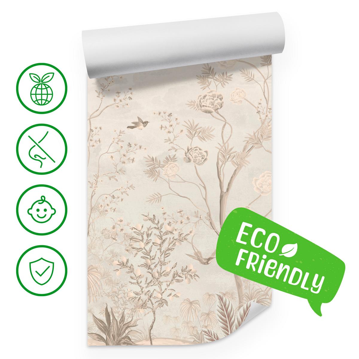 FOTOTAPETE für Esszimmer Weiße Vögel Bäumen Natur Kräne Blumen 200x140 - Beige, Papier (200/140cm) - Muralo