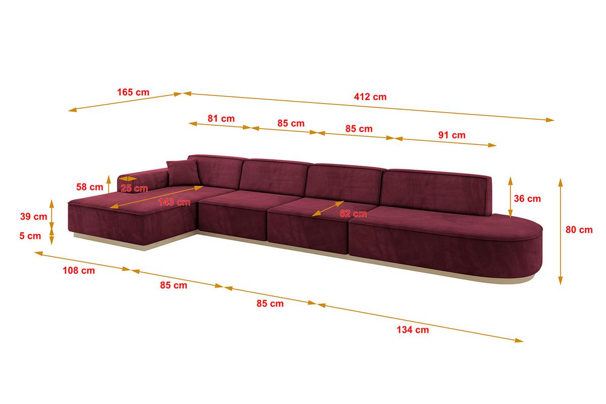 ECKSOFA Ottomane Links IREA-L3 - 412x165x80 cm Bordeauxrot - Bordeaux, Holzwerkstoff/Textil (412/165cm) - ALTDECOR