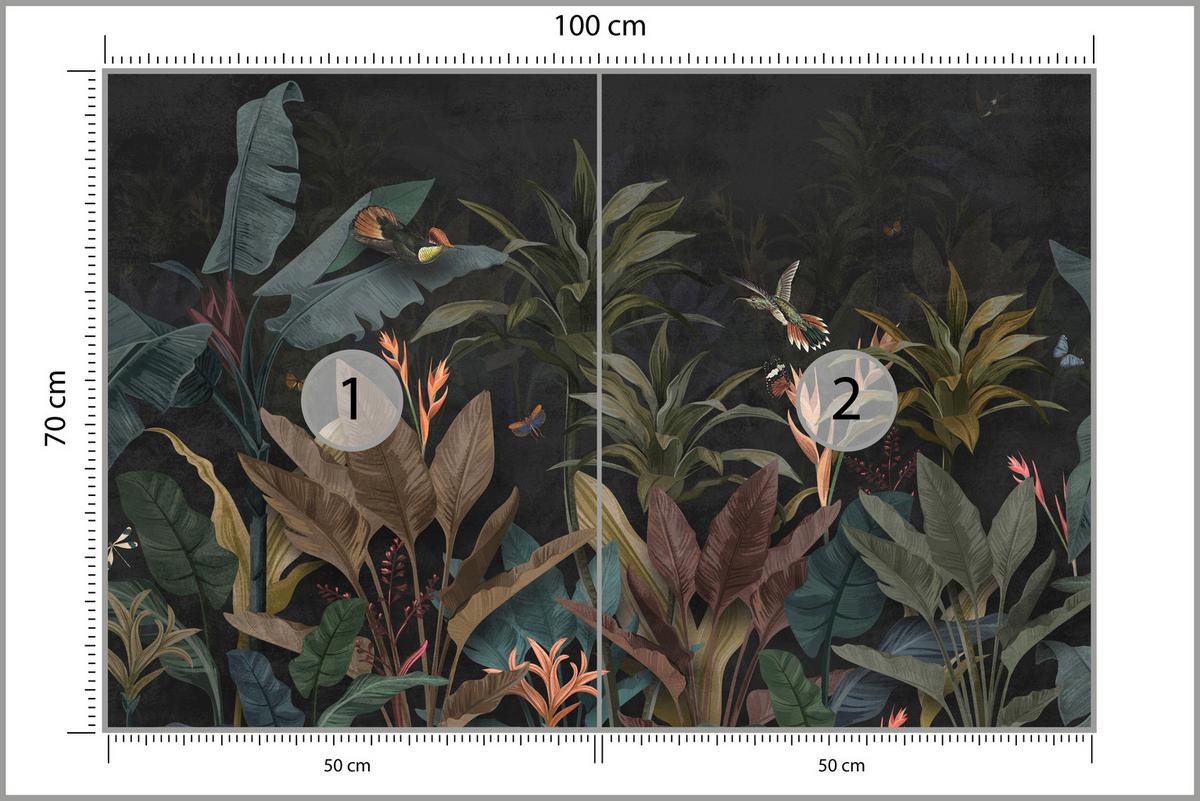 FOTOTAPETE Exotische Palmenblätter Dunkler Hintergrund Insekten Tropisch 100x70 - Orange/Braun, Papier (100/70cm) - Muralo