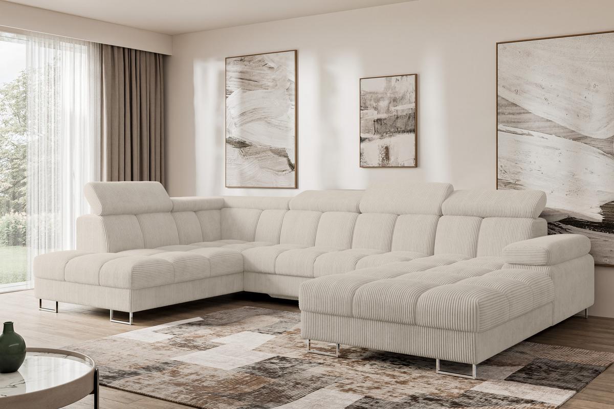 WOHNLANDSCHAFT mit Schlaffunktion und Bettkasten Ottomane Links COMA U 345x203x79 Beige Cord - Beige, Holzwerkstoff/Textil (345/79/203cm) - ALTDECOR