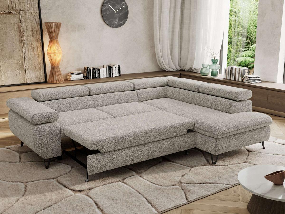 ECKSOFA PABLO L Hellgrau Struktur - Rechts Seite mit T25 Topper - Hellgrau/Schwarz, Textil/Metall (273/208cm) - MKS