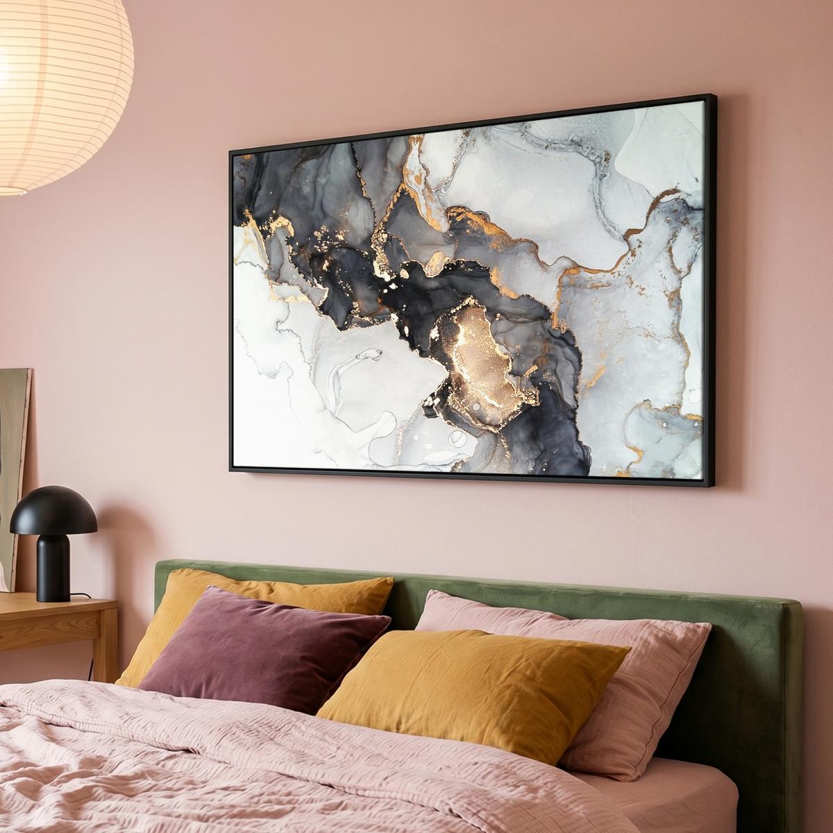 LEINWAND Bilder mit Rahmen - Marmor - Schwarz - Weiß - Gold - Luxus - Abstrakt - 140x90 - Goldfarben, Textil (140/90cm) - MuchoWow