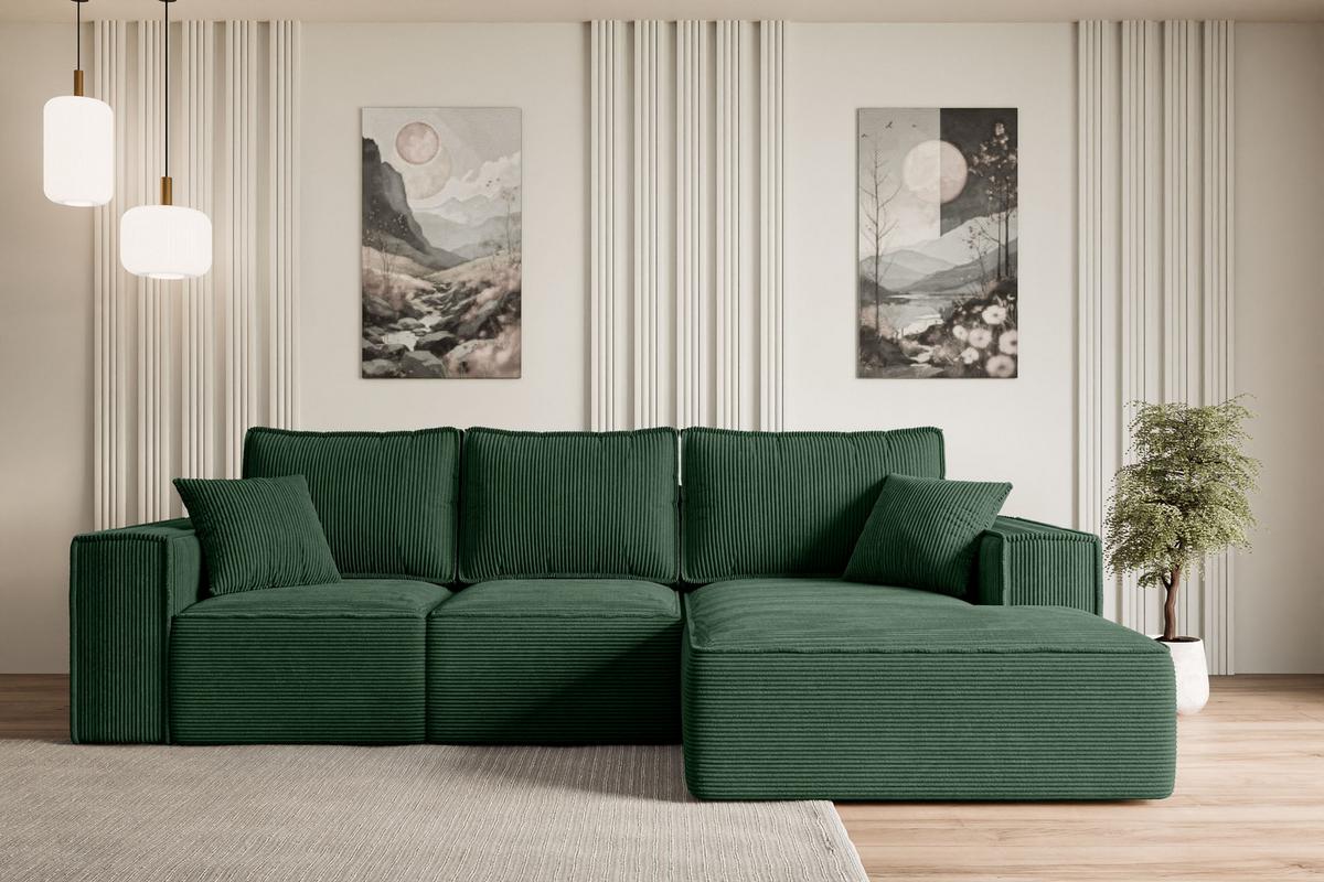 ECKSOFA mit Schlaffunktion und Bettkasten SERRA-L-S - 266x161x87 cm Grün Cord - Schwarz/Grün, Holzwerkstoff/Kunststoff (266/161cm) - ALTDECOR