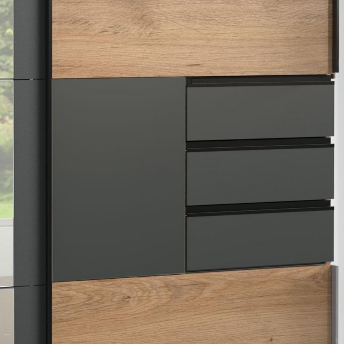 SCHWEBETÜRENSCHRANK 3-türig B270/H208/64 cm in Eiche Dekor mit Absetzungen in Grafit, Spiegel & Schubladen, Kleiderschrank inkl. Vollausst. / 22503 - Blau/Eichefarben, Holzwerkstoff/Metall (270/208/64cm) - luma-home