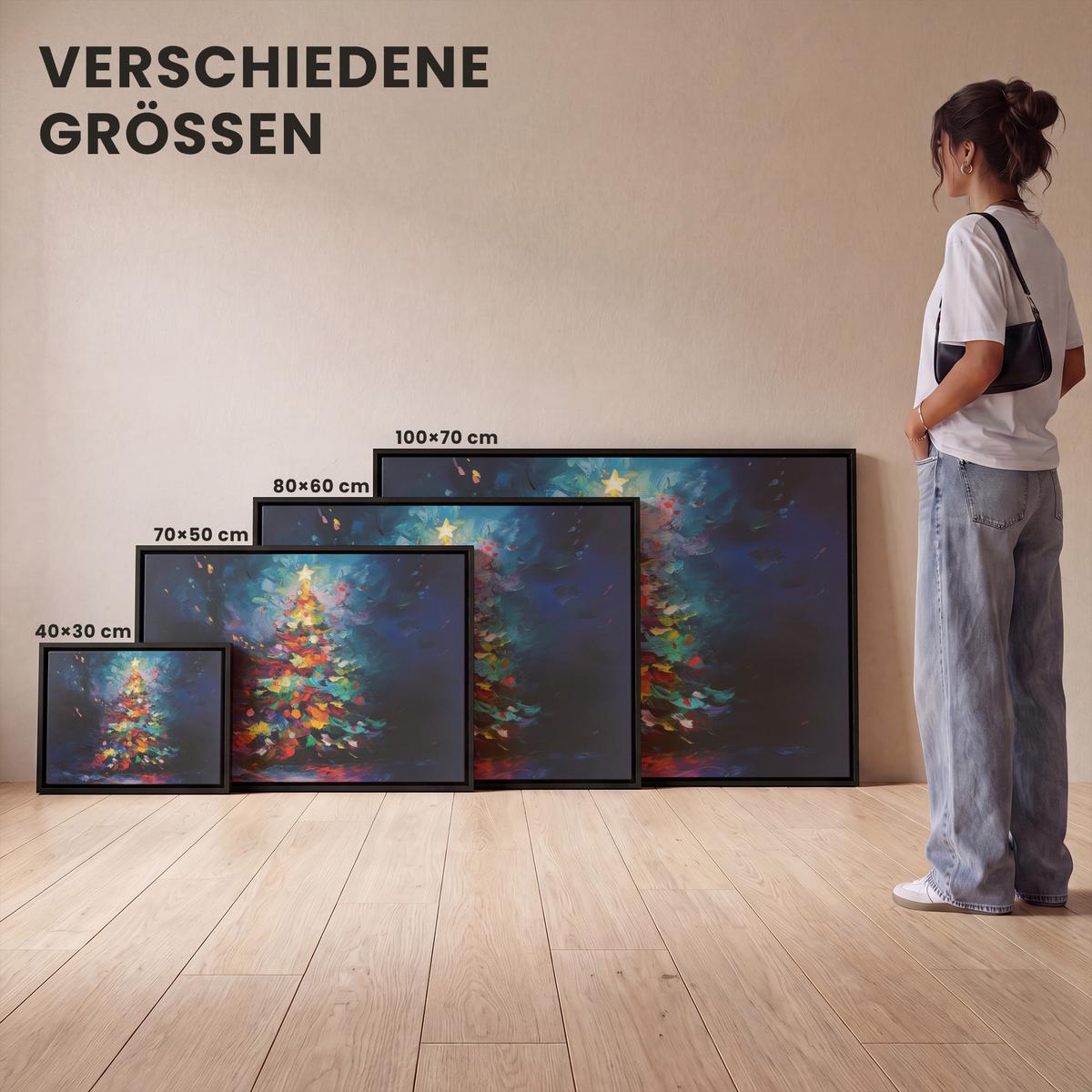 LEINWAND Bilder mit Rahmen - Weihnachtsbaum - Weihnachten - Abstrakt - Farbenfroh - 100x70 - Multicolor, Textil (100/70cm) - MuchoWow