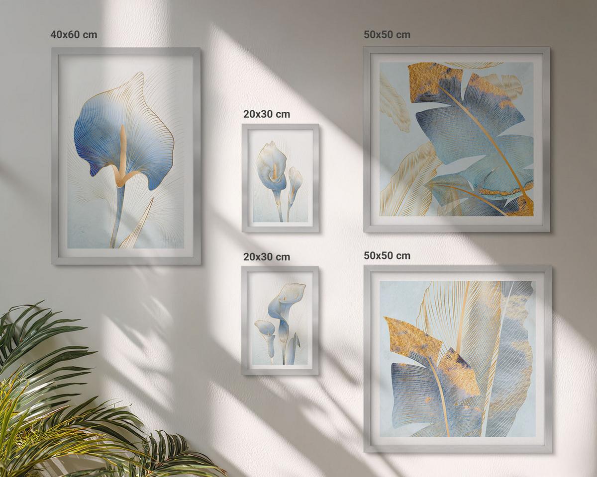 BILDER SET 5er Set - 50x50 cm & 20x30 cm & 40x60 cm Silberner Rahmen - Blaue Blumen im Hintergrund - Silberfarben, Kunststoff (40/60cm) - TULUP