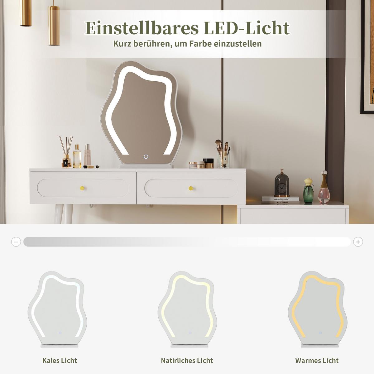 SCHMINKTISCH-SET mit LED-Spiegel & Beleuchtung Weißes - Weiß, Glas/Holzwerkstoff (140/130/40cm) - Urban Meuble