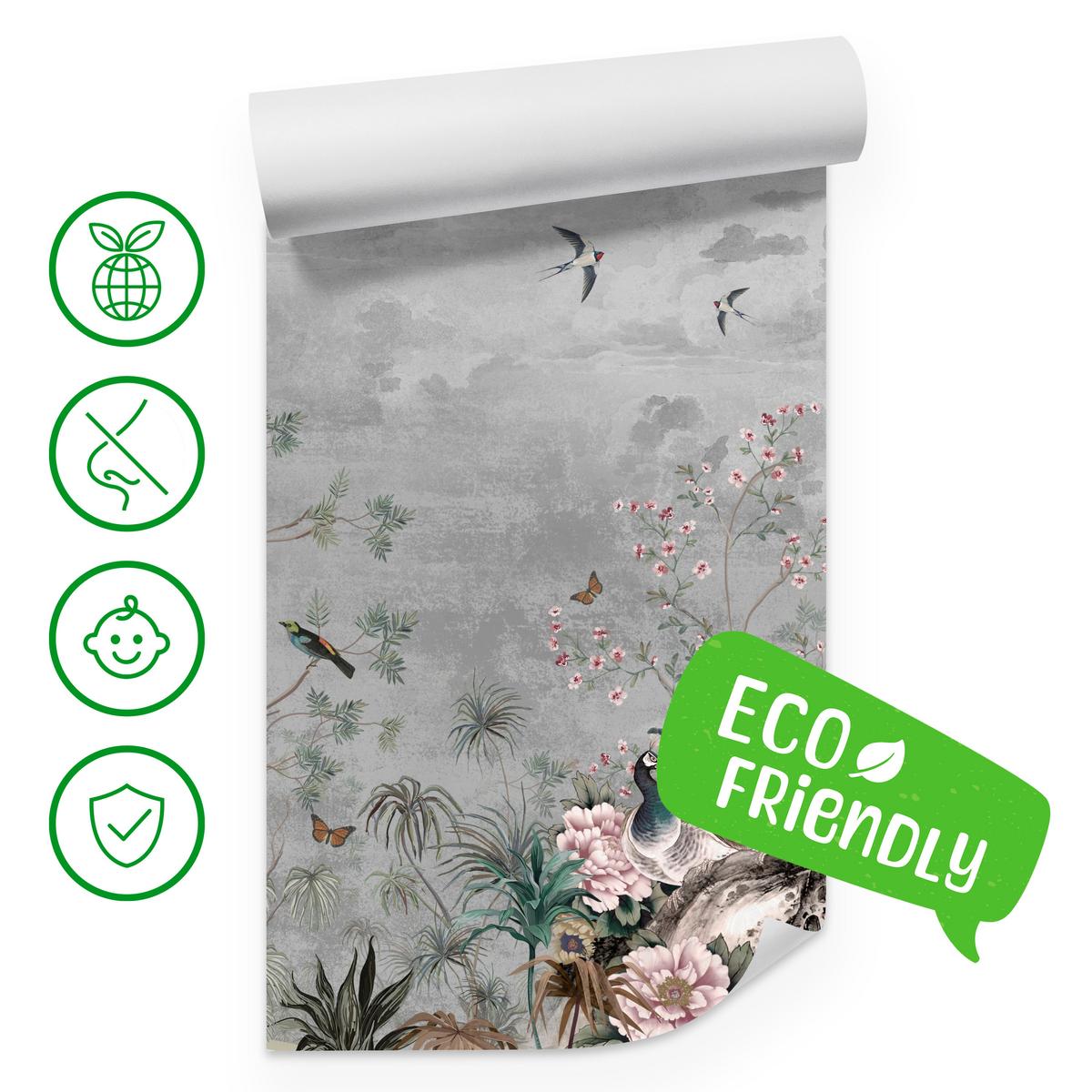 FOTOTAPETE für Büro Pfauen Vögel Pflanzen Bäume Tropische Blumen 300x210 - Multicolor, Papier (300/210cm) - Muralo