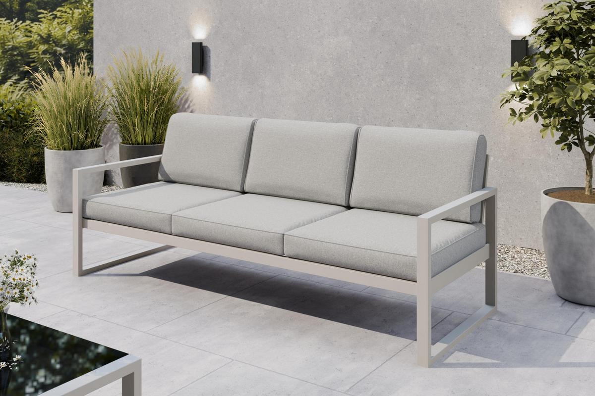 GARTENBANK Bellano Outdoor 3-Sitzer Polster-Loungebank, Stahlgestell Kaschmir, Hellgrau 76/216/80 cm - Grau, Textil (216/86/80cm) - WFL GROUP