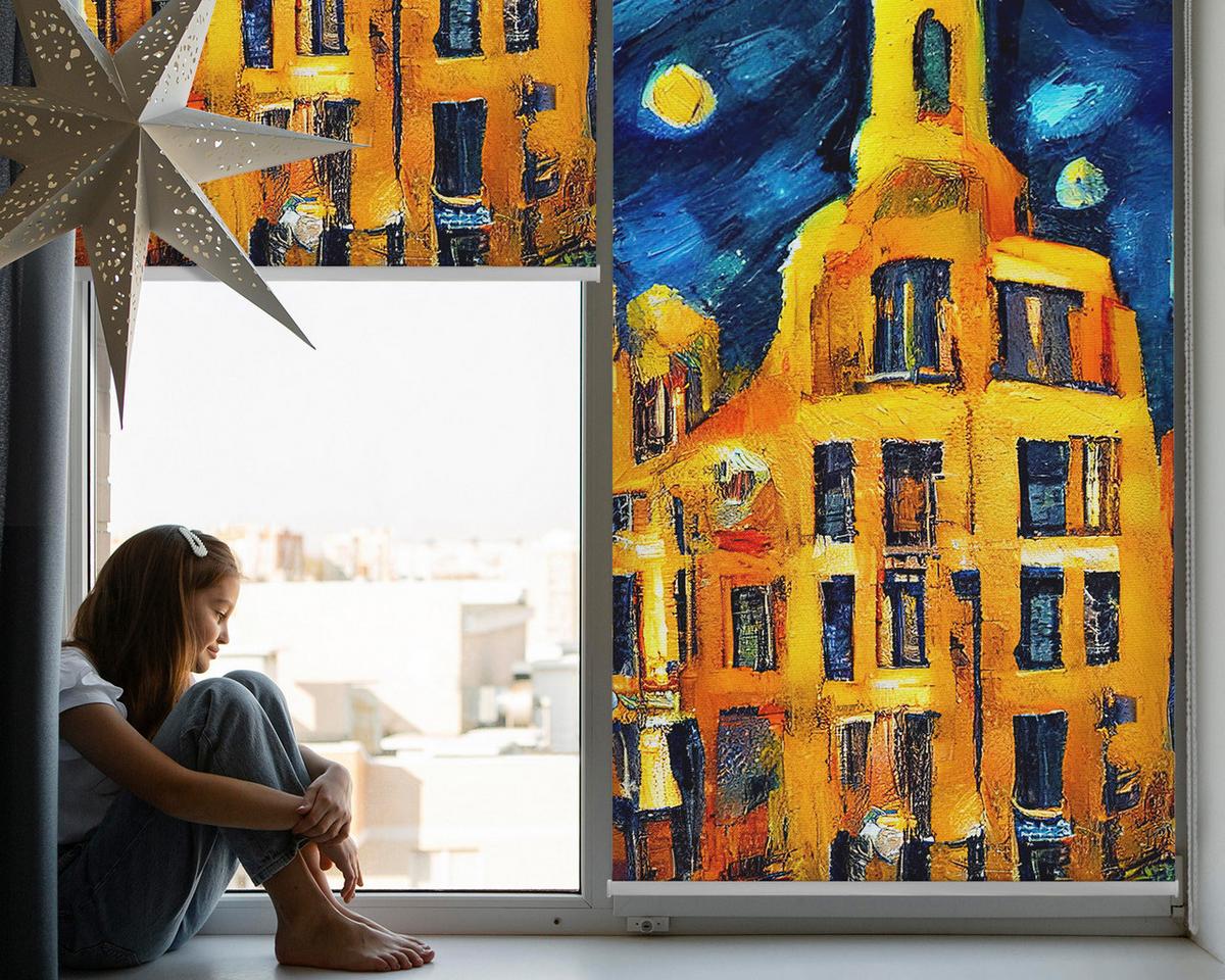 INNENROLLO - Fensterrollo - Rollo - 80x180 cm - Gemalte Stadt - Dunkelblau, Kunststoff (80/180/0.5cm) - TULUP