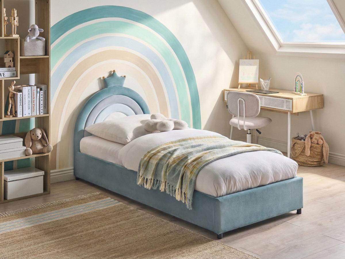 KINDERBETT mit Stauraum 90/200 Samtstoff Blau Grisetot - Blau, Textil (90/200cm) - Beliani