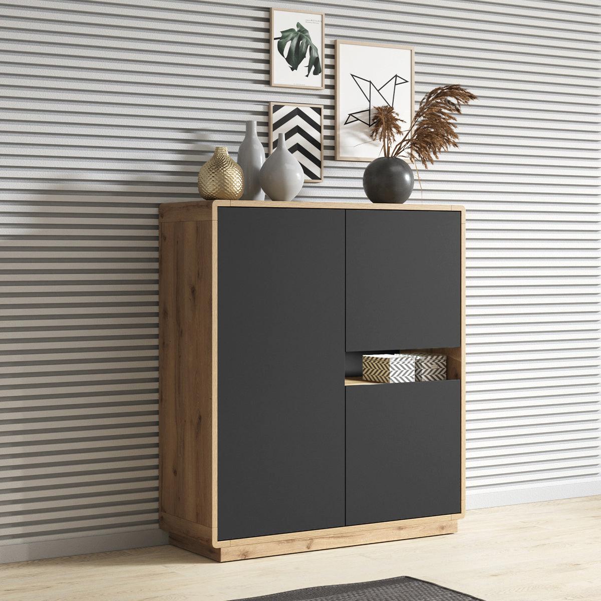 SIDEBOARD Raven Mattschwarz und Holz - Schwarz, Holzwerkstoff (121/126/40cm) - Petits-meubles