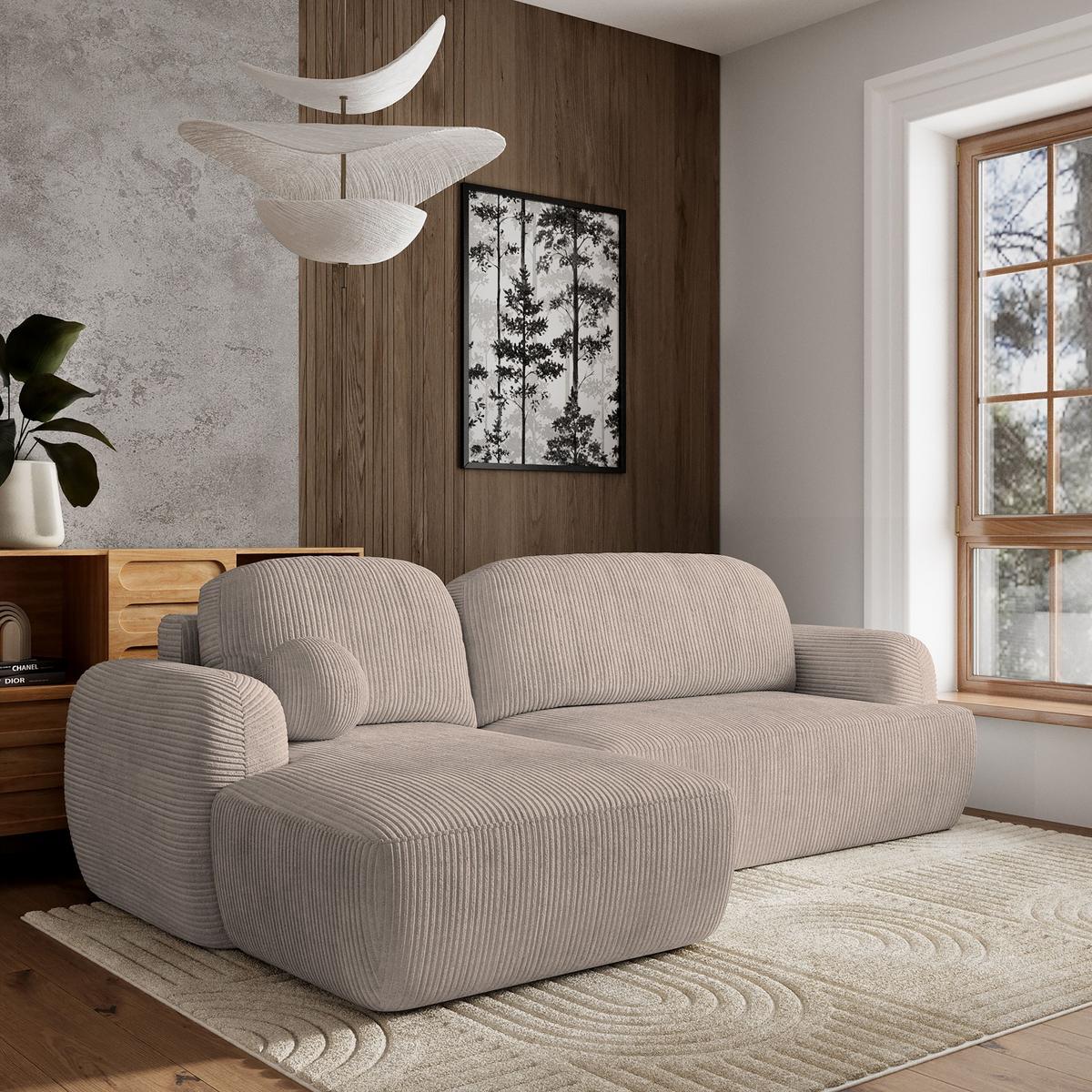 ECKSOFA MODENZA P L-S Beige Kordstoff mit Schlaffunktion - Beige/Schwarz, Holz/Kunststoff (266/148cm) - MASSENO