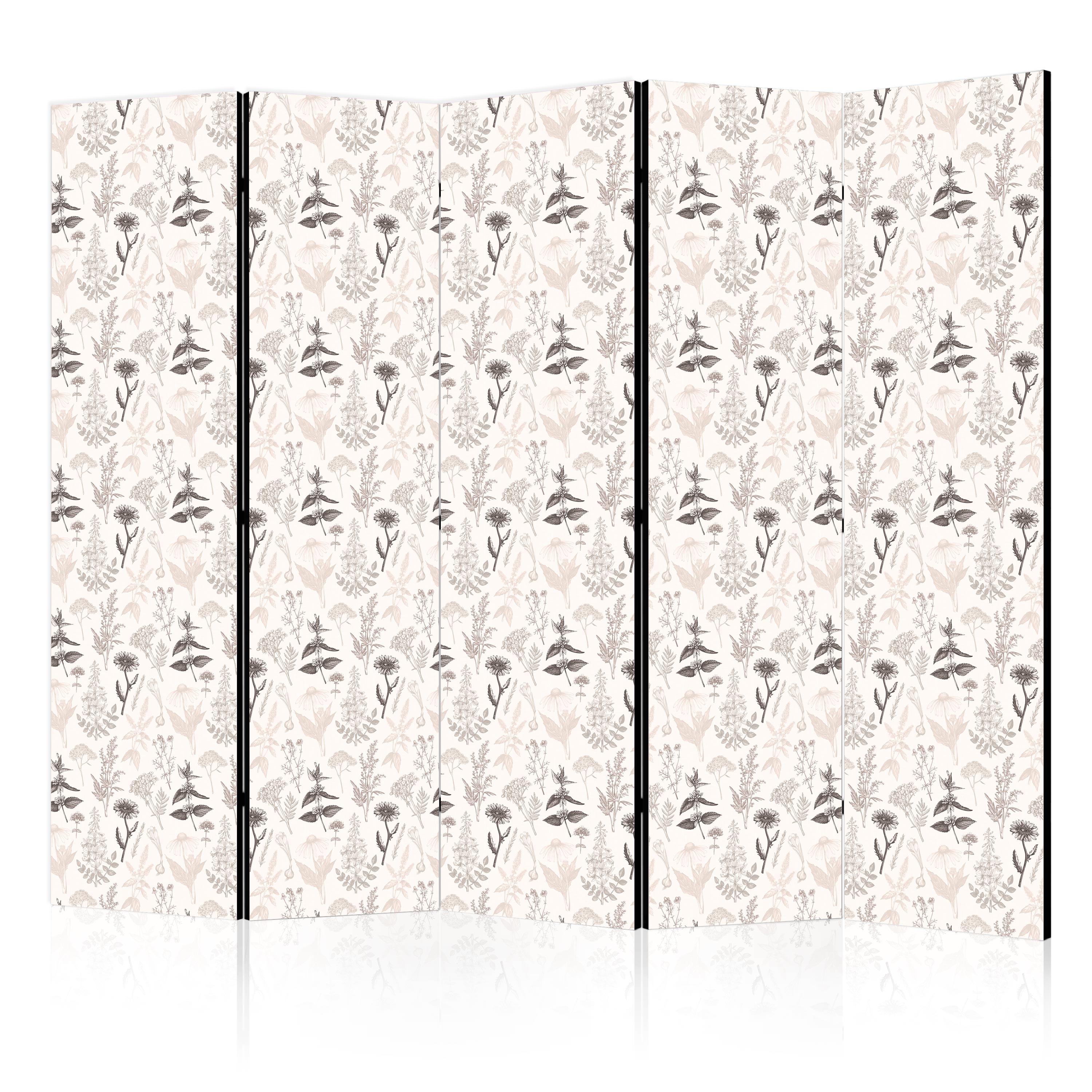 PARAVENT Akustik 5-tlg 225x172 cm Blumen und Kräuter - Beige, Holz/Textil (225/172/3cm) - Muralo