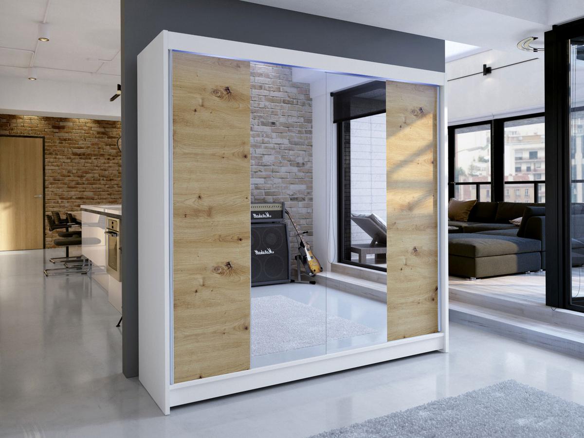 SCHWEBETÜRENSCHRANK Talin II, mit RGB LED Beleuchtung - Silberfarben/Eiche Artisan, Holzwerkstoff/Metall (180/215/58cm) - MIRJAN24