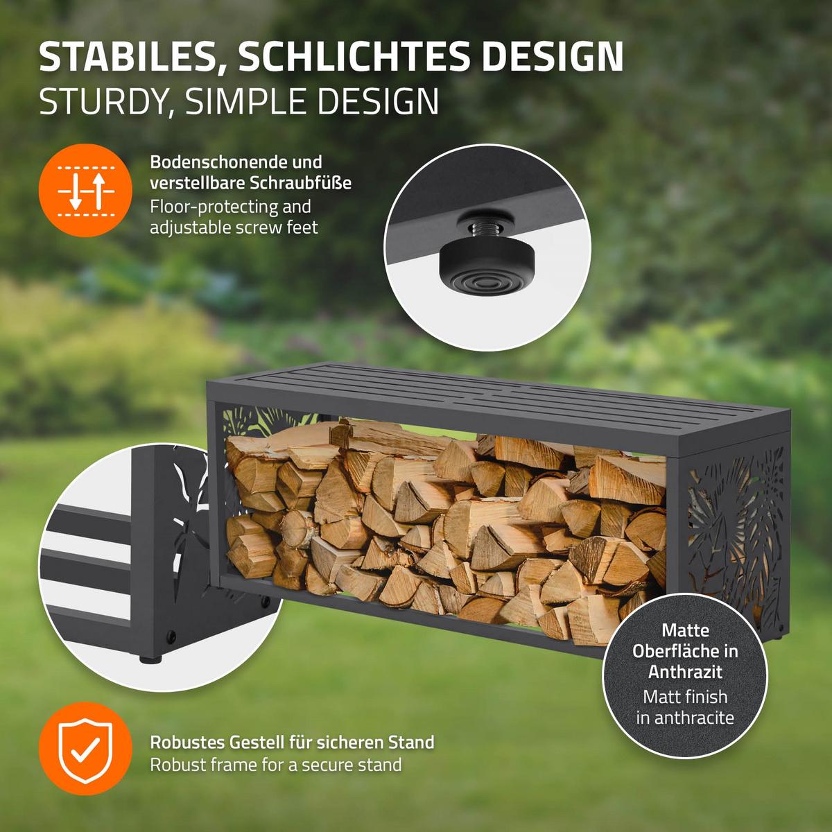 KAMINHOLZREGAL Innen/Aussen mit Sitzbank Metall Brennholzregal Anthrazit 120x38x43 cm Stahl Verzinkt Blätter-Motiv - Anthrazit, Metall (120/43/38cm) - ML-DESIGN