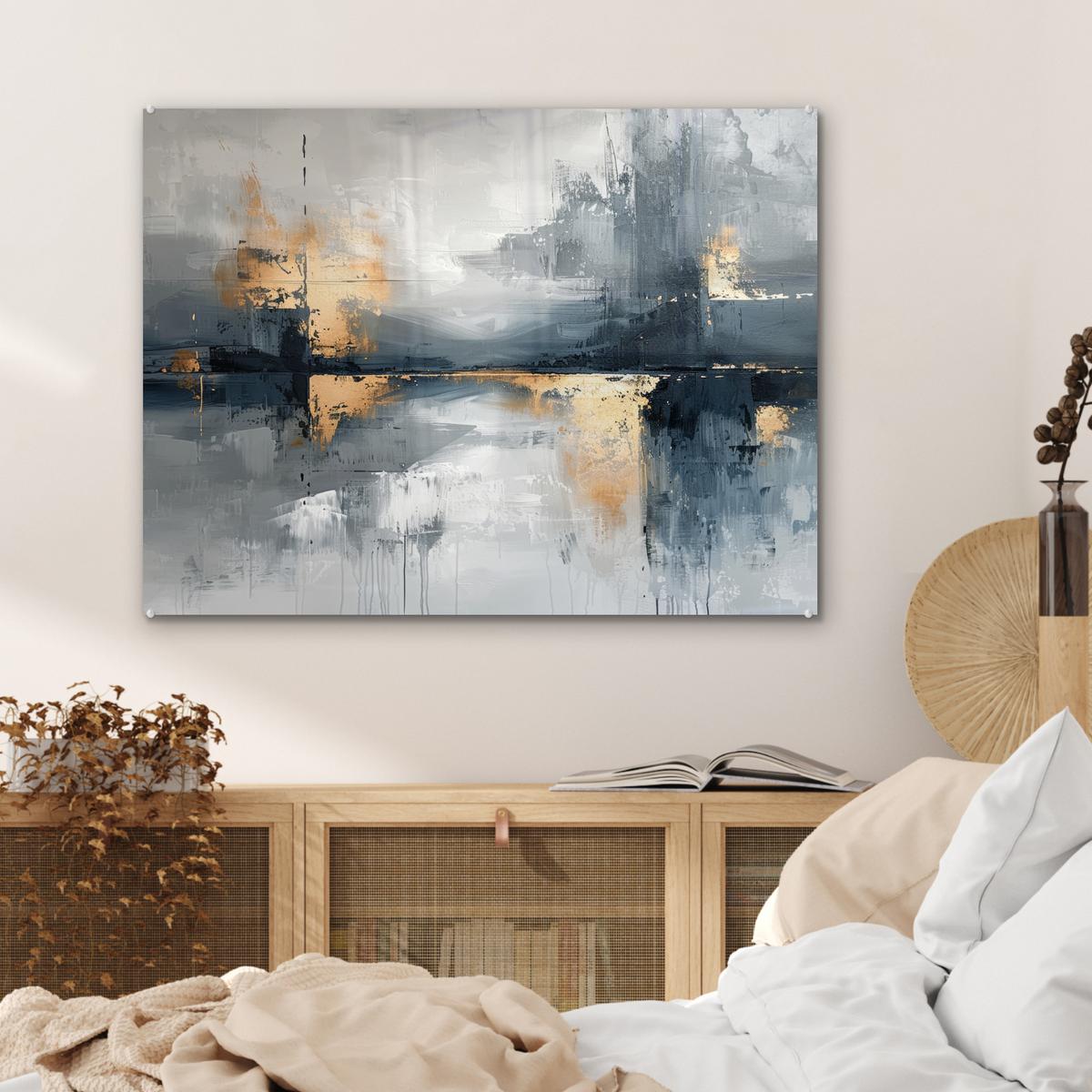 ACRYLGLASBILD Kunst - Grau - Gold - Abstrakt 80x60 cm - Dunkelgrau, Glas (80/60cm) - MuchoWow