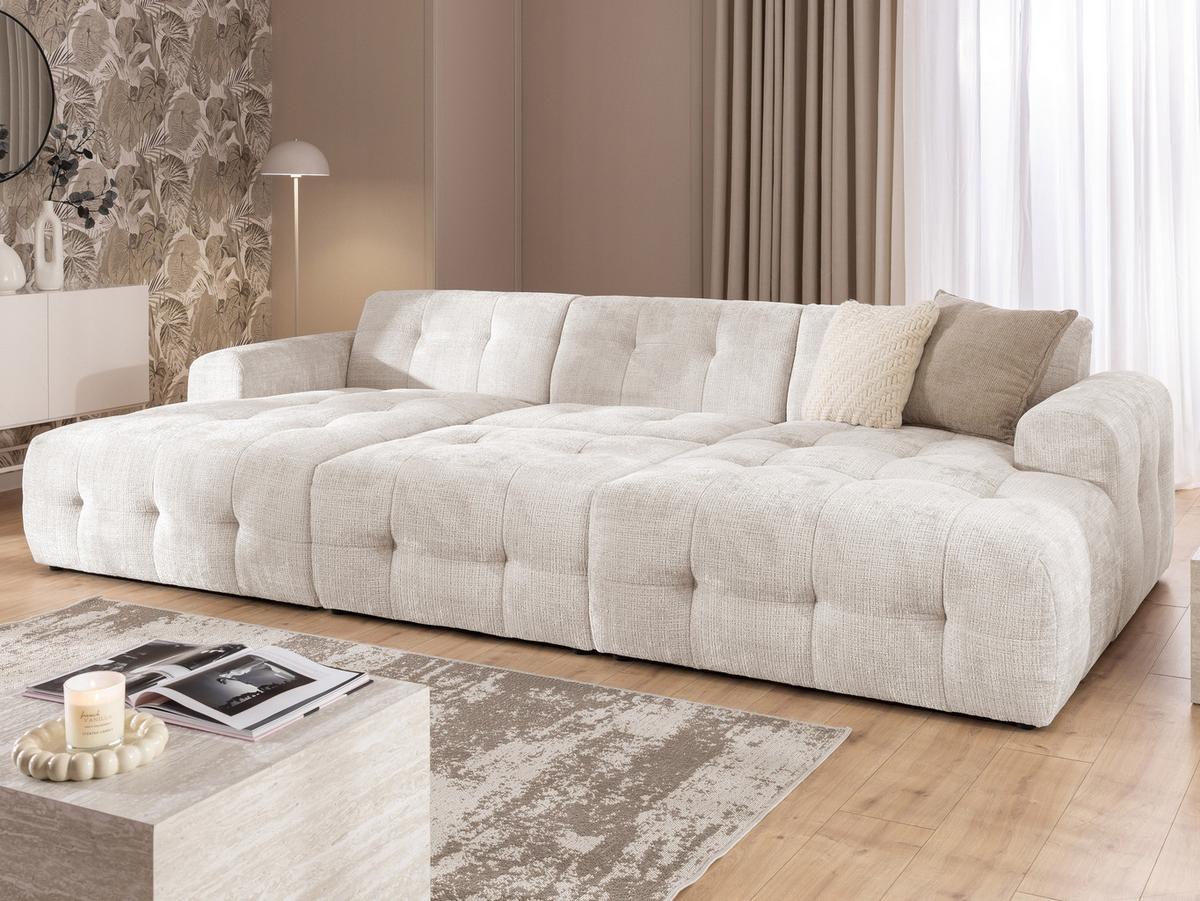 WOHNLANDSCHAFT inkl. Hocker Kozy im Bumpy-Design mit Schlaffunktion und fester Rückenlehne aus weichem Beige Chenille-Stoff - Beige/Creme, Holz/Kunststoff (323/79/161cm) - S-Style Möbel