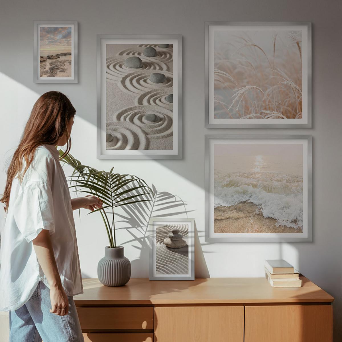 BILDER SET 5er Set - 50x50 cm & 20x30 cm & 40x60 cm Silberner Rahmen - Blumen im Wasser des Buddha-Wasserfalls - Silberfarben, Kunststoff (40/60cm) - TULUP
