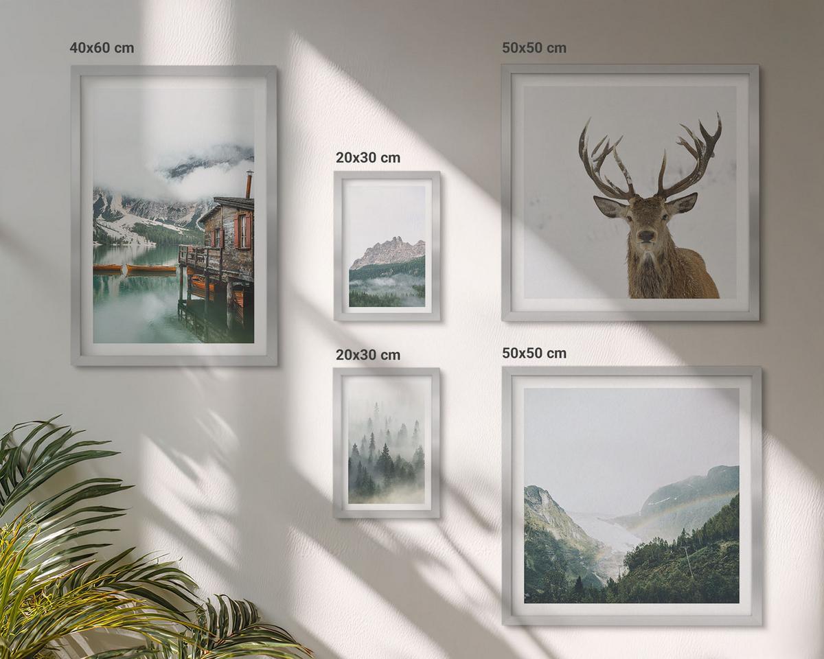 BILDER SET 5er Set - 50x50 cm & 20x30 cm & 40x60 cm Silberner Rahmen - Berge, See, Hirsche, Hütte, Nebel - Silberfarben, Kunststoff (40/60cm) - TULUP