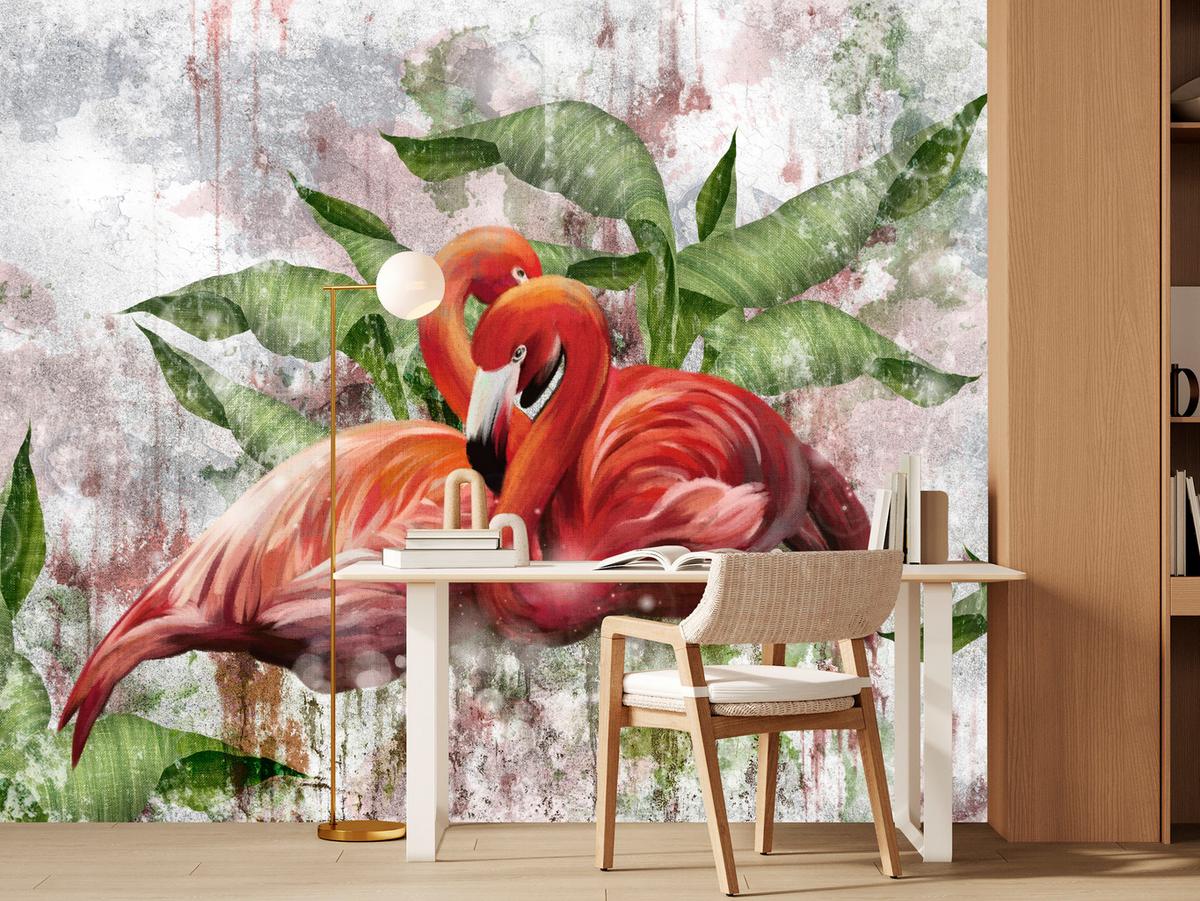 FOTOTAPETE für Schlafzimmer Abstrakte Flamingos Beton Tropische Blätter Palmen Natur 500x350 - Multicolor, Papier (500/350cm) - Muralo