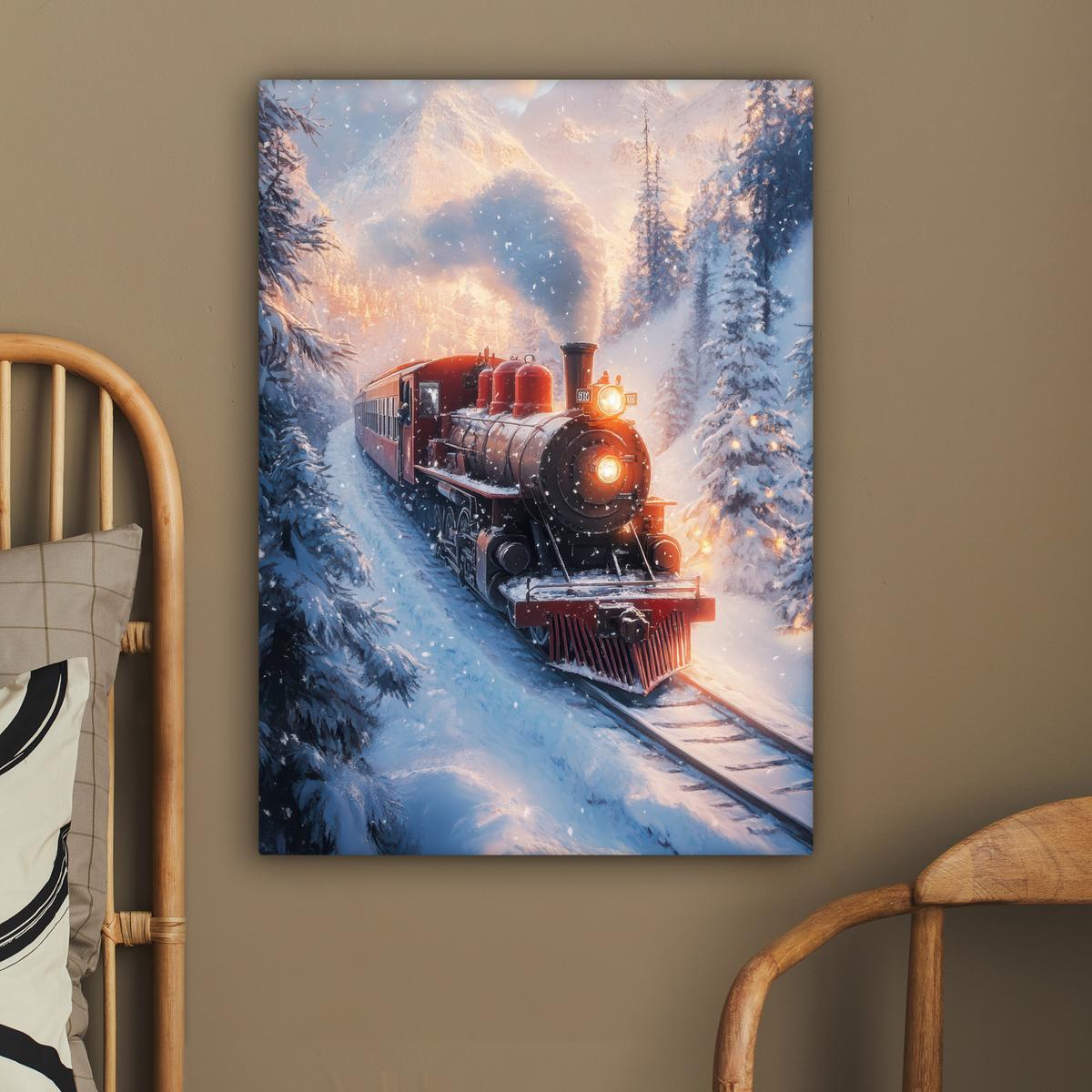 LEINWANDBILD Weihnachtszug - Schnee - Winter - Weihnachten Wandbild Wohnzimmer 60x80 cm - Dunkelrot, Textil (60/80cm) - MuchoWow