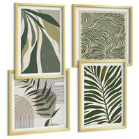 BILDER SET 4er Set - 50x50 cm & 40x60 cm Goldrahmen - Blätter, Wellen – Pastellillustrationen - Goldfarben, Kunststoff (50/50cm) - TULUP