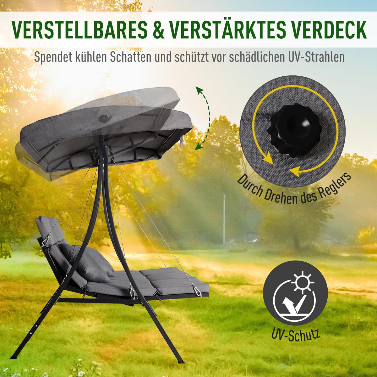 HOLLYWOODSCHAUKEL, mit Sonnendach,Metall, Texteline, Grau, 200 x 115 x 168 cm - Grau, Metall (115/168/200cm) - Outsunny