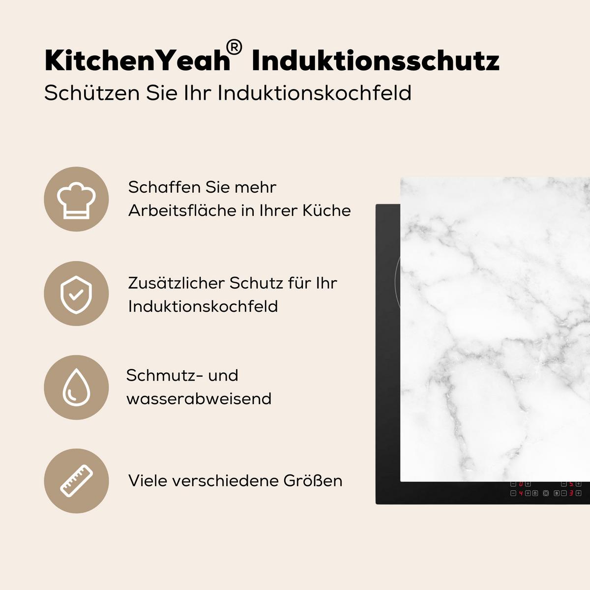 HERDABDECKPLATTE Marmor - Grau - Weiß - Strukturierter Marmor Induktionsmatte 83x51 cm - Weiß, Kunststoff (83/51.5/0.2cm) - MuchoWow