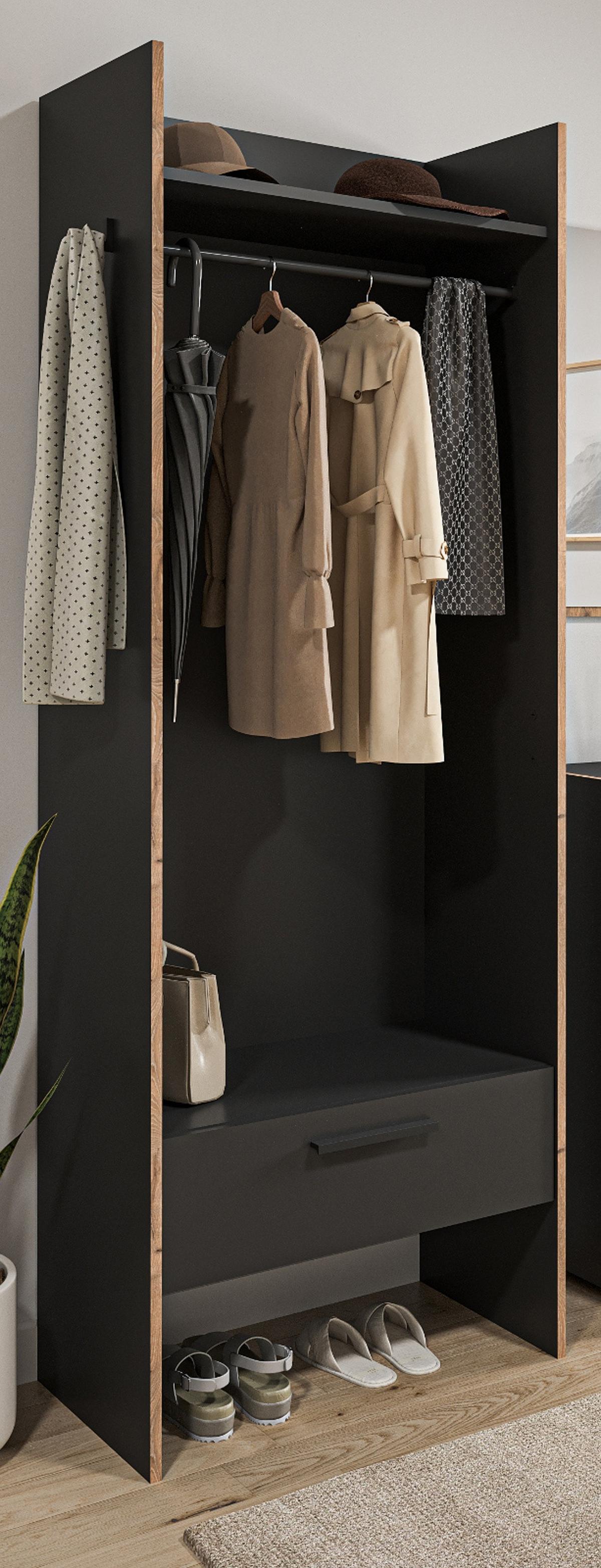 GARDEROBE grau und Nox Eiche, Kompaktgarderobe 70 x 189 cm, Salud - Eichefarben/Grau, Holzwerkstoff (70/189/37cm) - Inn.Furn