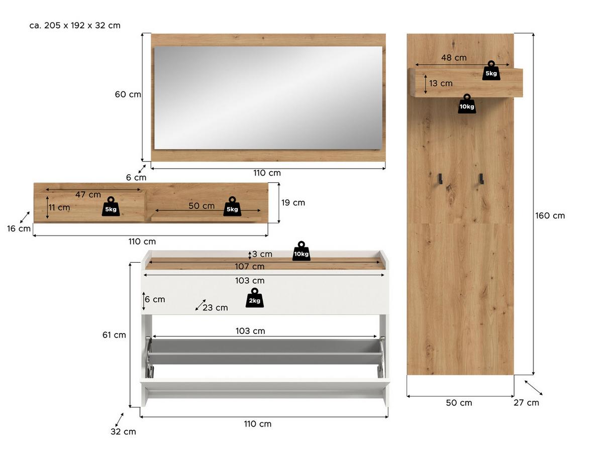 GARDEROBE-SET weiß und Artisan Eiche, Garderobe 4-teilig, 205 x 192 cm, Borga - Weiß/Eiche Artisan, Holzwerkstoff (205/192/32cm) - Inn.Furn