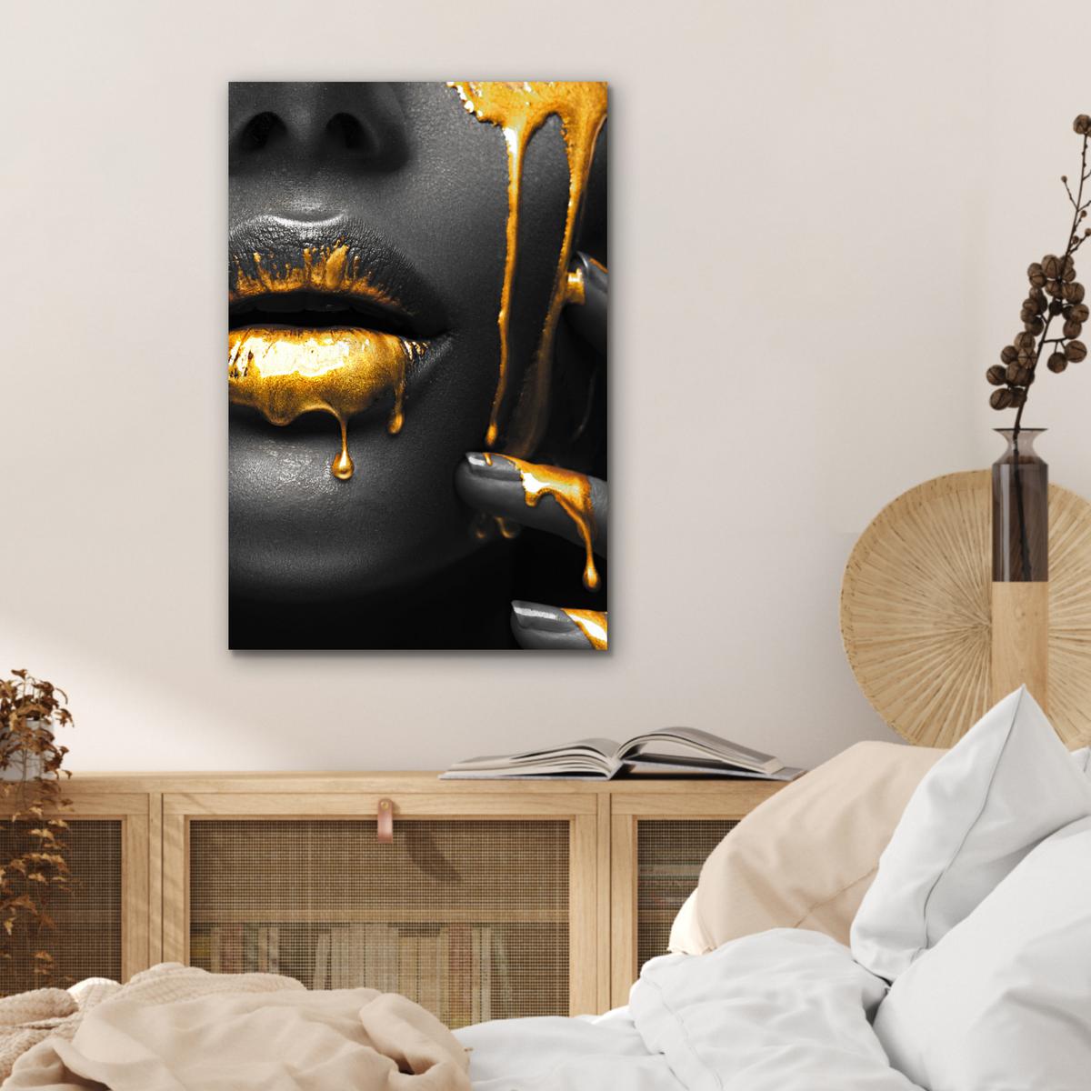 METALLBILD Frau - Schwarz - Gold - Gesicht - Lippen Deko Schlafzimmer 40x60 cm - Goldfarben, Metall (40/60cm) - MuchoWow